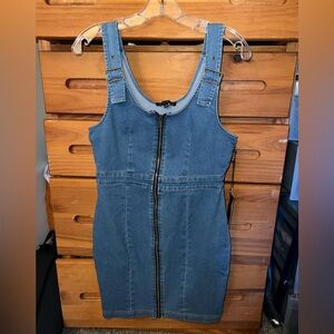 Haute Monde Blue Denim Mini Dress with Front Zipper LARGE